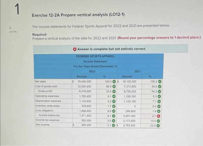  1 Exercise 12-2A Prepare vertical analysis (LO12-1) 2 points The Income