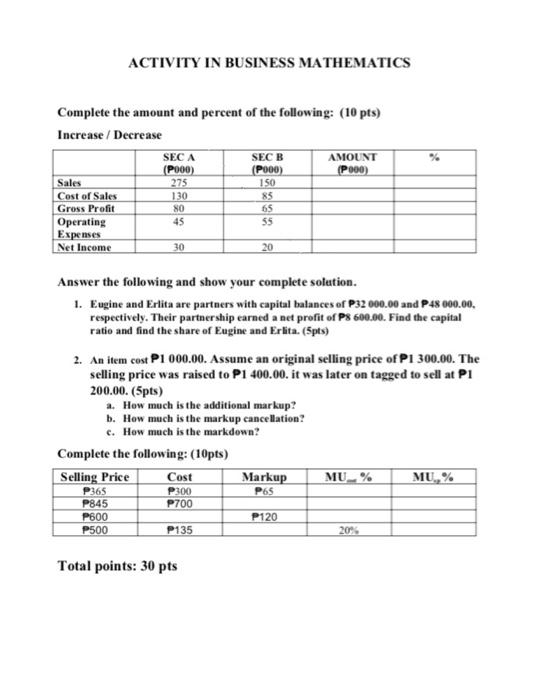 complete solution please ACTIVITY IN BUSINESS MATHEMATICS % Complete the amount and