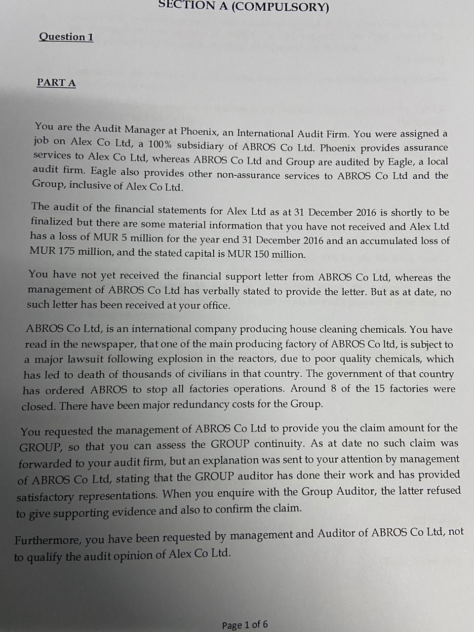 SECTION A (COMPULSORY) Question 1 PART A You are the Audit