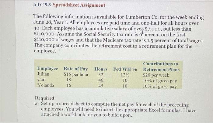  ATC 9-9 Spreadsheet Assignment The following information is available for Lumberton