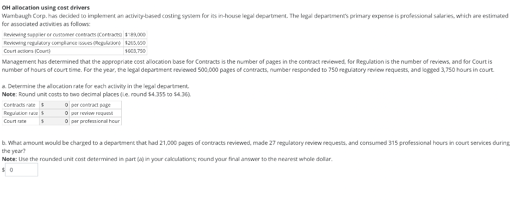 kindly please help me OH allocation using cost drivers Wambaugh Corp.
