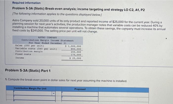  Required information Problem 5-3A (Static) Break-even analysis; income targeting and strategy