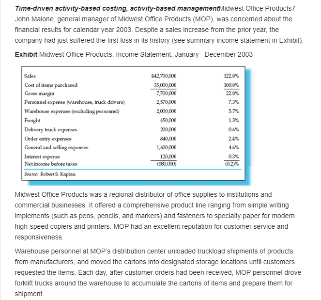 Time-driven activity-based costing, activity-based management Midwest Office Products7 John Malone, general manager