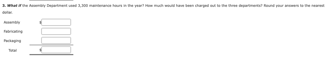 (salaries, tools): $72,450 per year Variable costs (supplies): $1.45 per maintenance hour