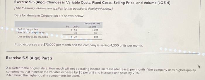 and Volume (LO5-4) [The following information applies to the questions displayed below.)