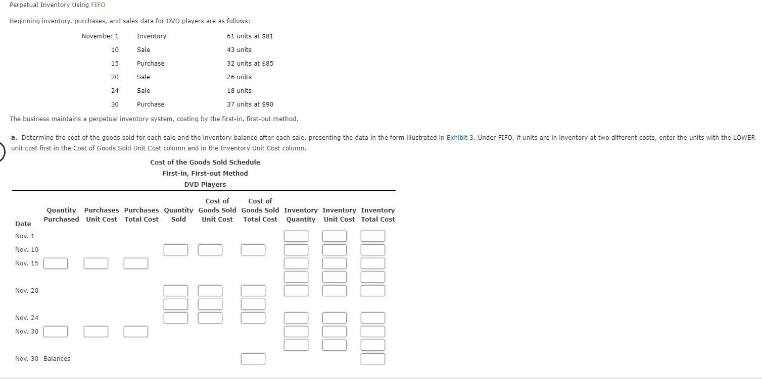  Perpetual Inventory Using FIFO Beginning inventory, purchases, and sales data for