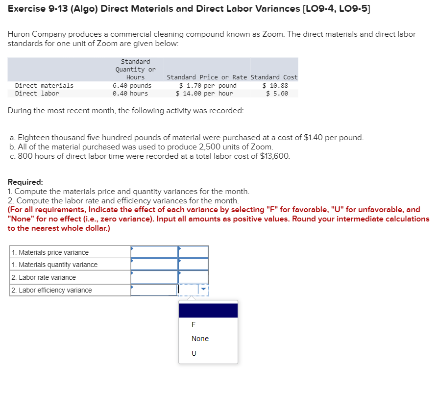 Answer and show formulas Exercise 9-13 (Algo) Direct Materials and Direct Labor