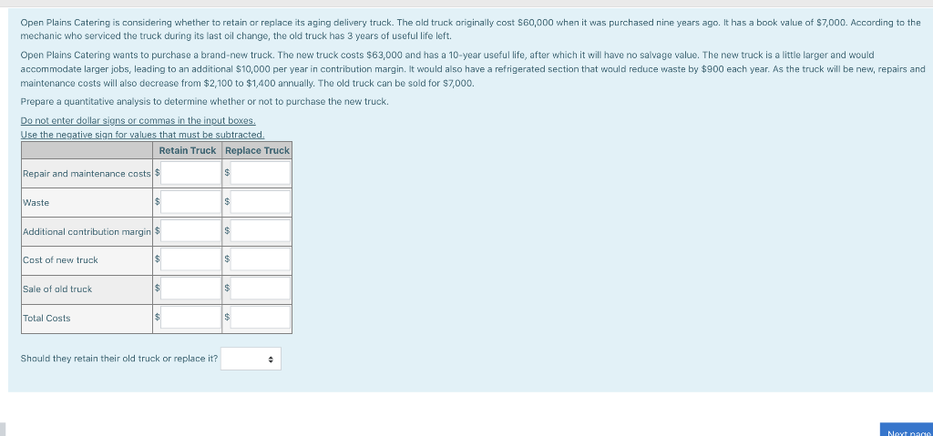 Open Plains Catering is considering whether to retain or replace its