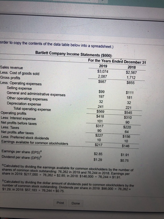 Earnings (Round to three decimal places.) 2019 2018 Current ratio (Round to