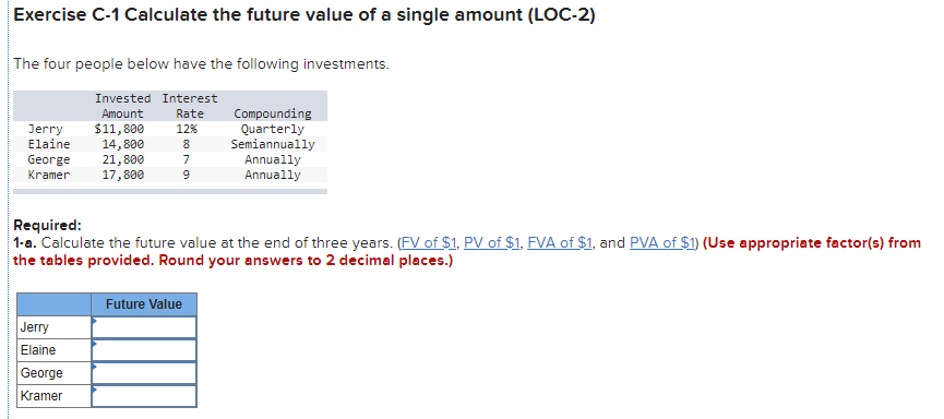 Exercise C-1 Calculate the future value of a single amount (LOC-2)