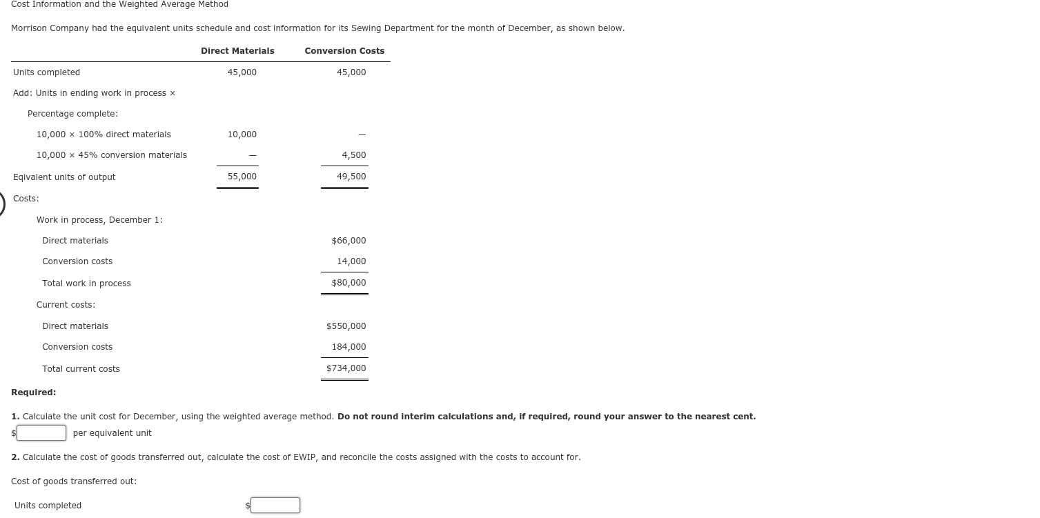  Cost Information and the Weighted Average Method Morrison Company had the
