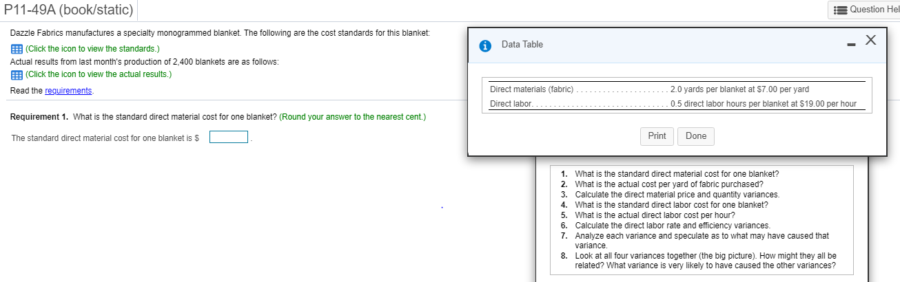P11-49A (book/static) Question Hel X A Data Table Dazzle Fabrics manufactures
