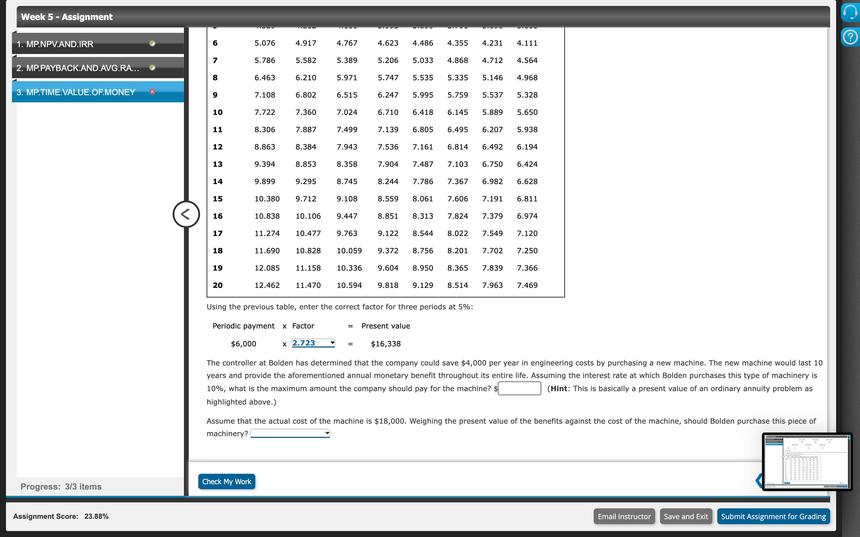  Using the previous table, enter the correct factor for three periods