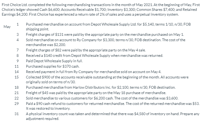  Record the May transactions May 4 7 First Choice Ltd.completed the