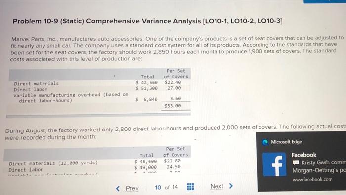 managerial accounting Problem 10-9 (Static) Comprehensive Variance Analysis (LO10-1, LO10-2, LO10-3] Marvel