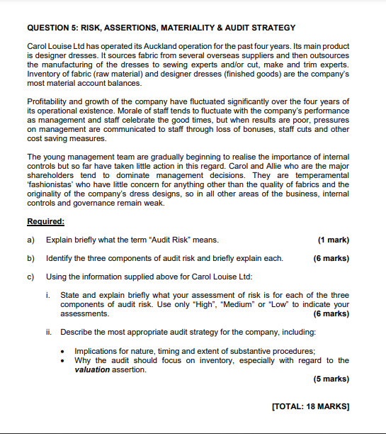  QUESTION 5: RISK, ASSERTIONS, MATERIALITY & AUDIT STRATEGY Carol Louise Ltd