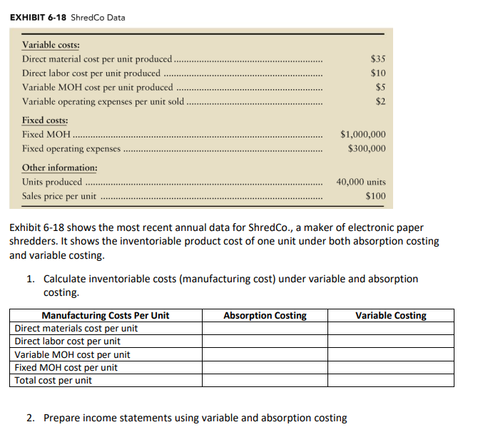  EXHIBIT 6-18 ShredCo Data $35 $10 $5 $2 Variable costs: Direct
