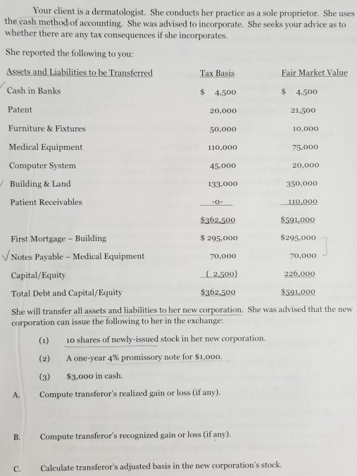 Your client is a dermatologist. She conducts her practice as a sole