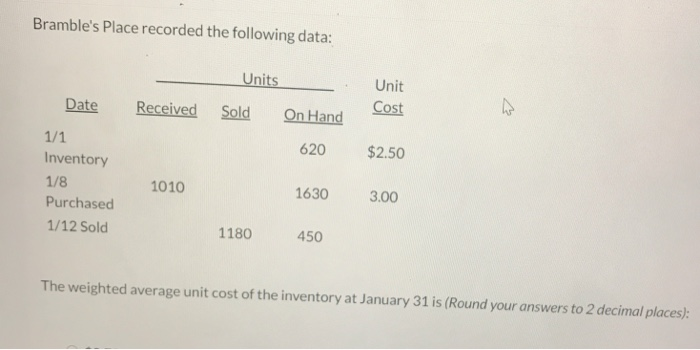 Bramble's Place recorded the following data: Units Date Unit Cost Received