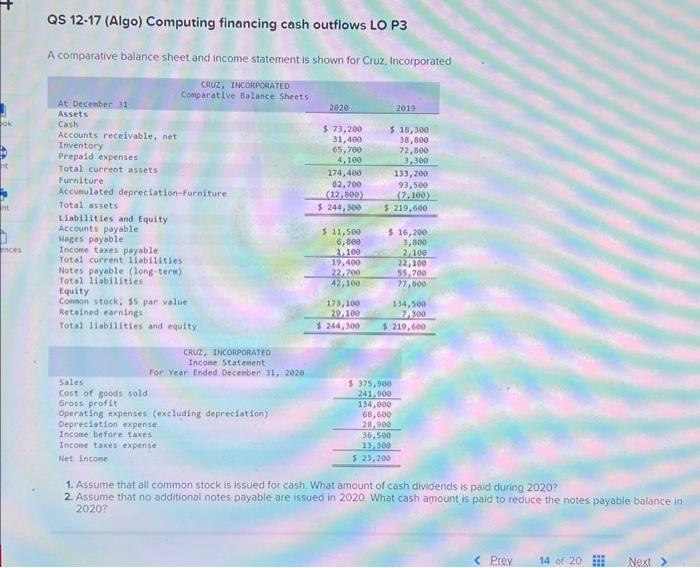  Please solve QS 1217 (Algo) Computing financing cash outflows LO P3