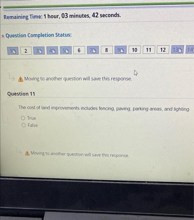  Remaining Time: 1 hour, 03 minutes, 42 seconds. Question Completion Status: