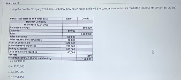  Question 10 Using the Boulder Company 2020 data set below, how