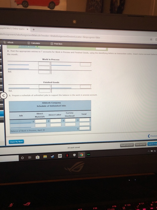 account, $2,850 b. Materials requisitioned and factory labor used: Job No. Materials