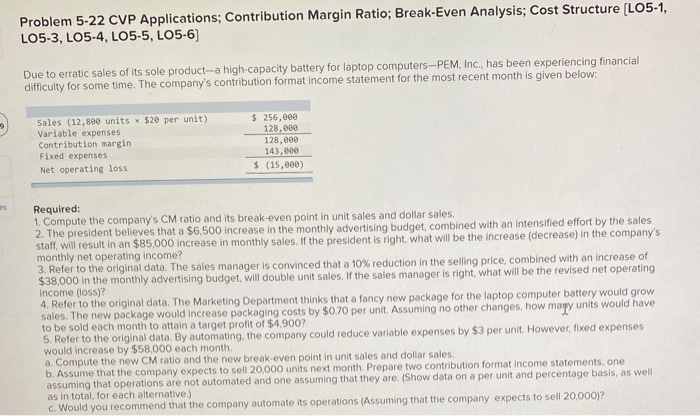  Problem 5-22 CVP Applications; Contribution Margin Ratio; Break-Even Analysis; Cost Structure