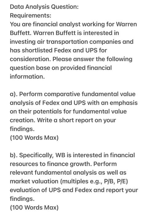 Data Analysis Question: Requirements: You are financial analyst working for Warren