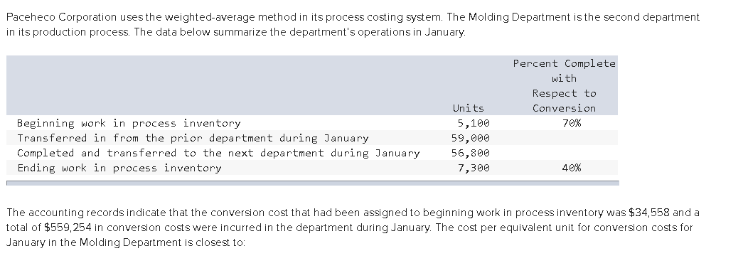  Paceheco Corporation uses the weighted-average method in its process costing system.