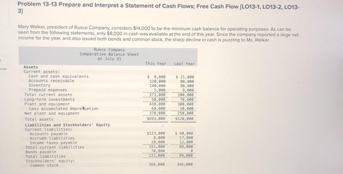  Problem 13-13 Prepare and Interpret a Statement of Cash Flows; Free