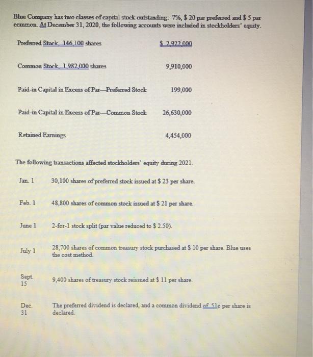 retained earnings having problems with question(3) Blue Company has two classes of