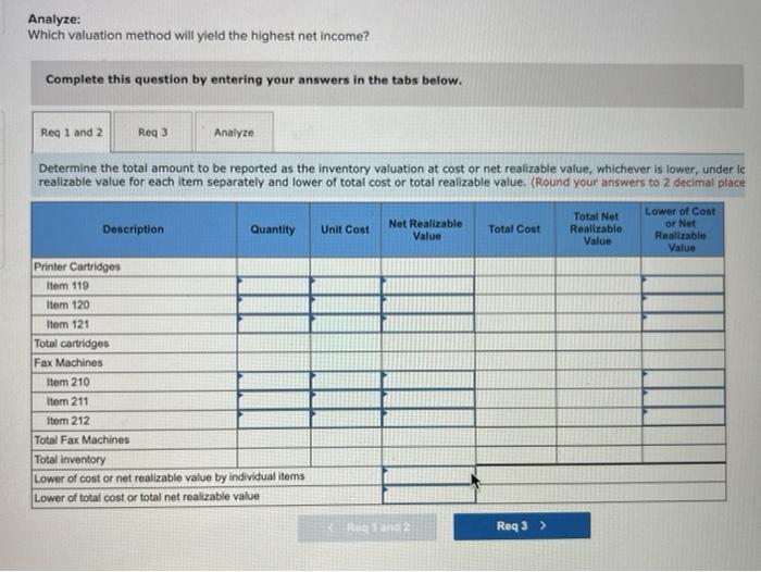Net Realizable Quantity Unit Cost Value Printer Cartridges Item 119 58 $