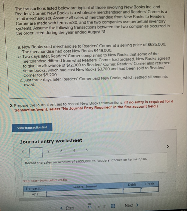 to the questions displayed below.) The transactions listed below are typical of