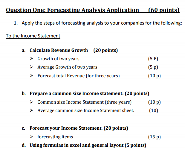 Assume any company Question One: Forecasting Analysis Application (60 points) 1. Apply