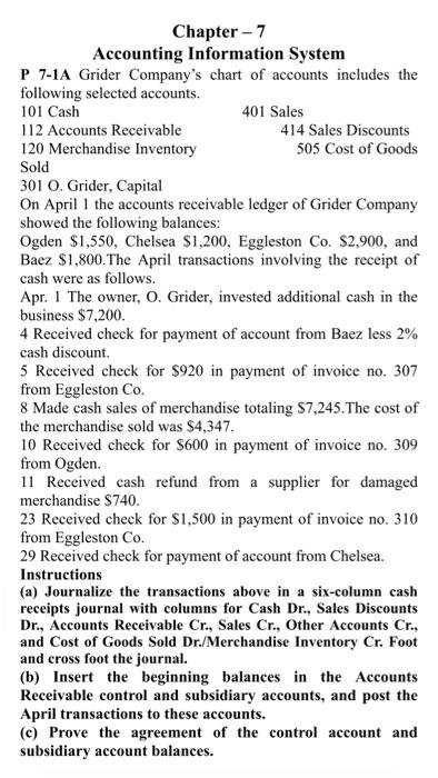  Chapter - 7 Accounting Information System P 7-1A Grider Company's chart