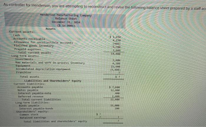 I need help with this question As controller for Henderson, you are