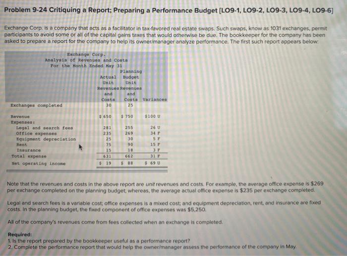  Problem 9-24 Critiquing a Report; Preparing a Performance Budget [L09-1, LO9-2,
