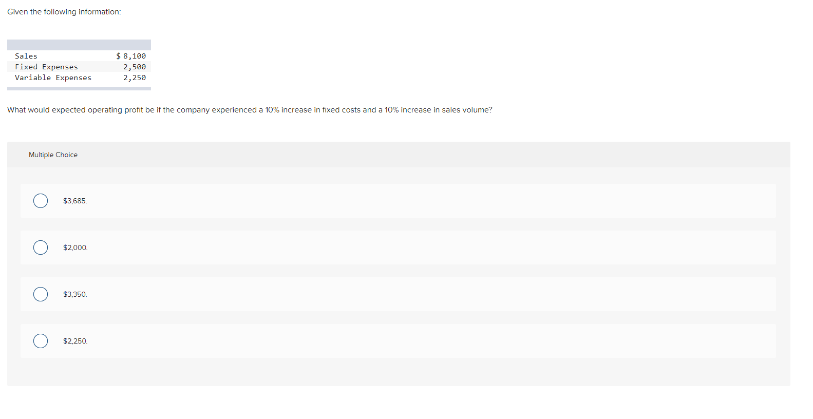  Given the following information: Sales Fixed Expenses Variable Expenses $ 8,100
