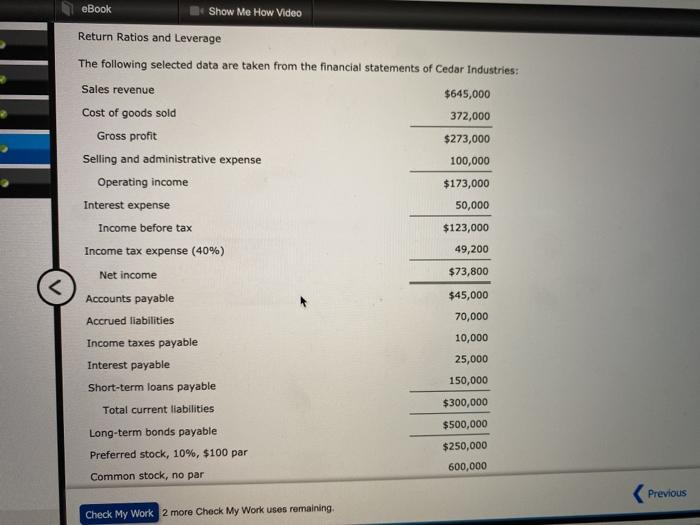  eBook Show Me How Video Return Ratios and Leverage The following