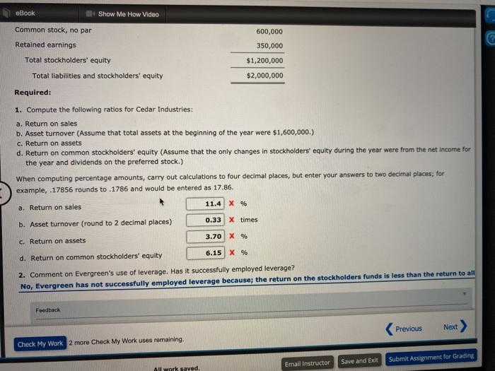 selected data are taken from the financial statements of Cedar Industries: Sales