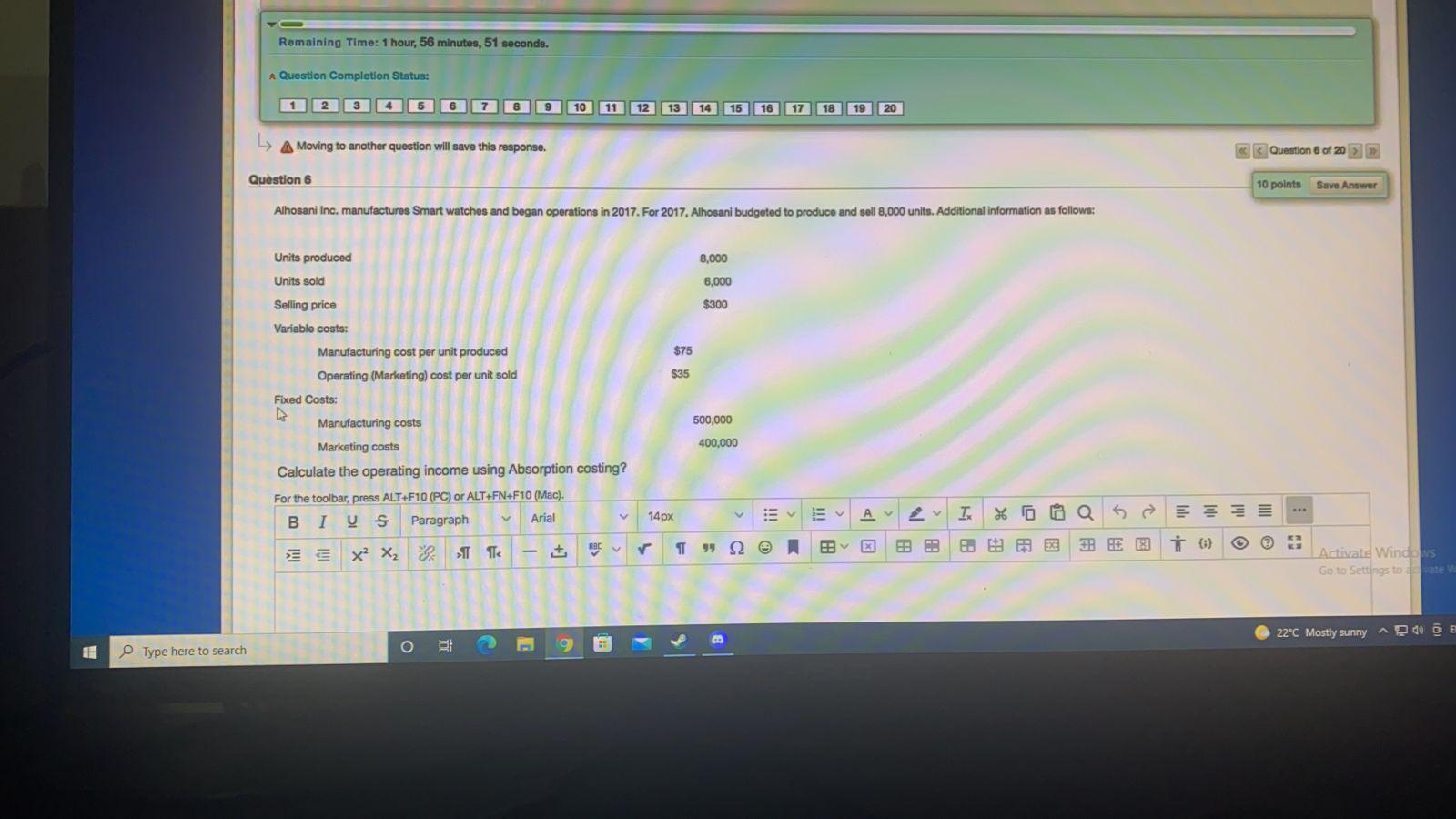 Romaining Time: 1 hour, 56 minutes, 51 seconds. Question Completion Status: