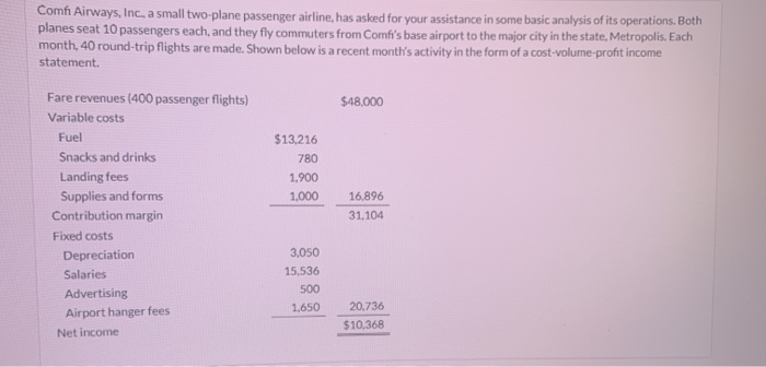  need help with the blanks please Comf Airways, Inc., a small