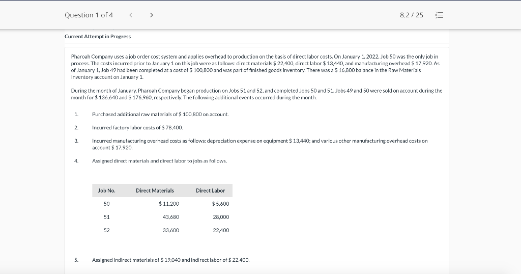Question 1 of 4 8.2/25 E Current Attempt in Progress Pharoah