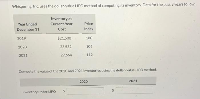  Whispering, Inc. uses the dollar-value LIFO method of computing its inventory.