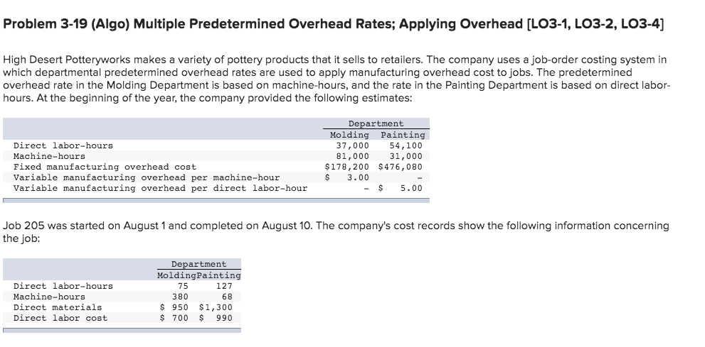 Problem 3-19 (Algo) Multiple Predetermined Overhead Rates; Applying Overhead (LO3-1, LO3-2,