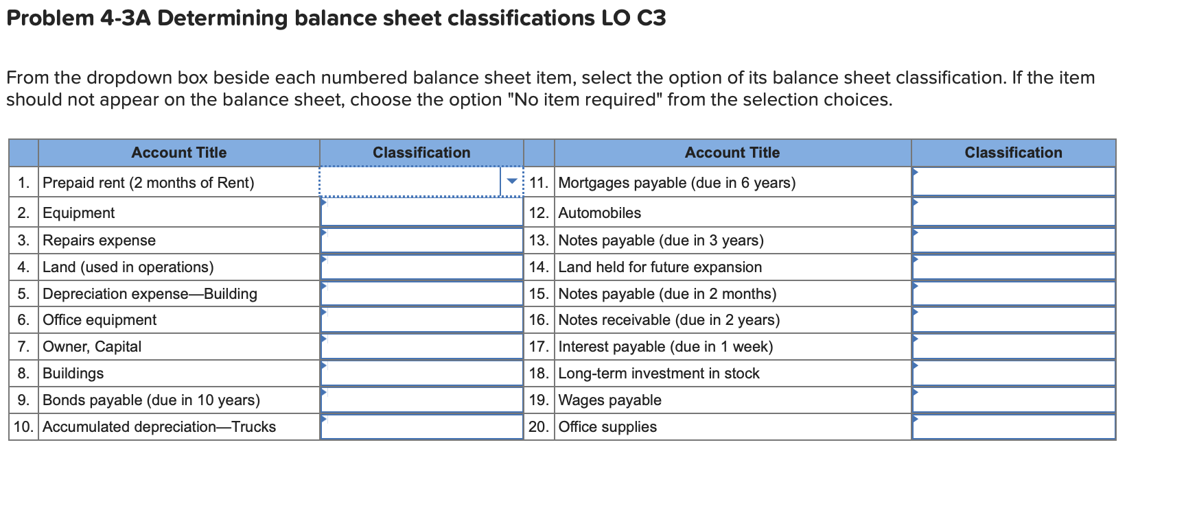 Problem 4-3A Determining balance sheet classifications LO C3 From the dropdown