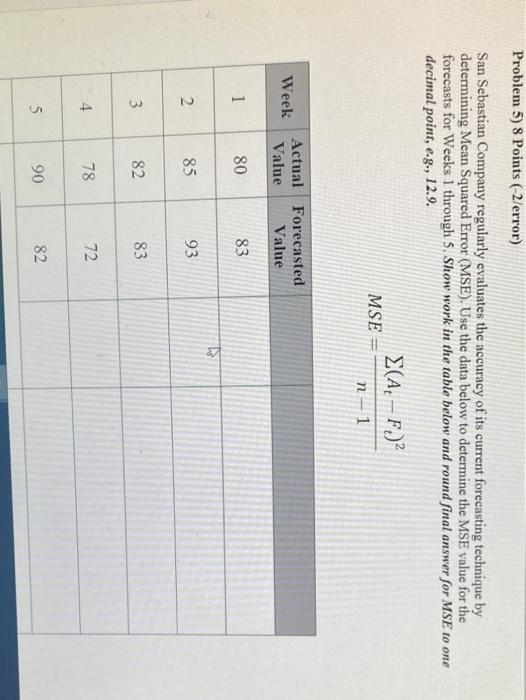 SUPPLY CHAIN MANAGEMENT Problem 5) 8 Points (-2/error) San Sebastian Company regularly