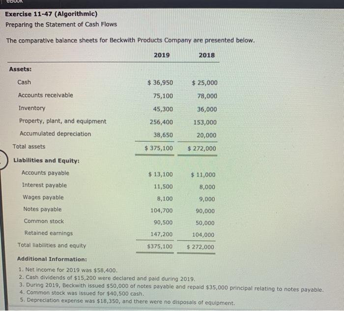  Exercise 11-47 (Algorithmic) Preparing the Statement of Cash Flows The comparative