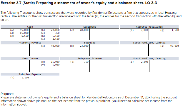  Exercise 3.7 (Static) Preparing a statement of owner's equity and a
